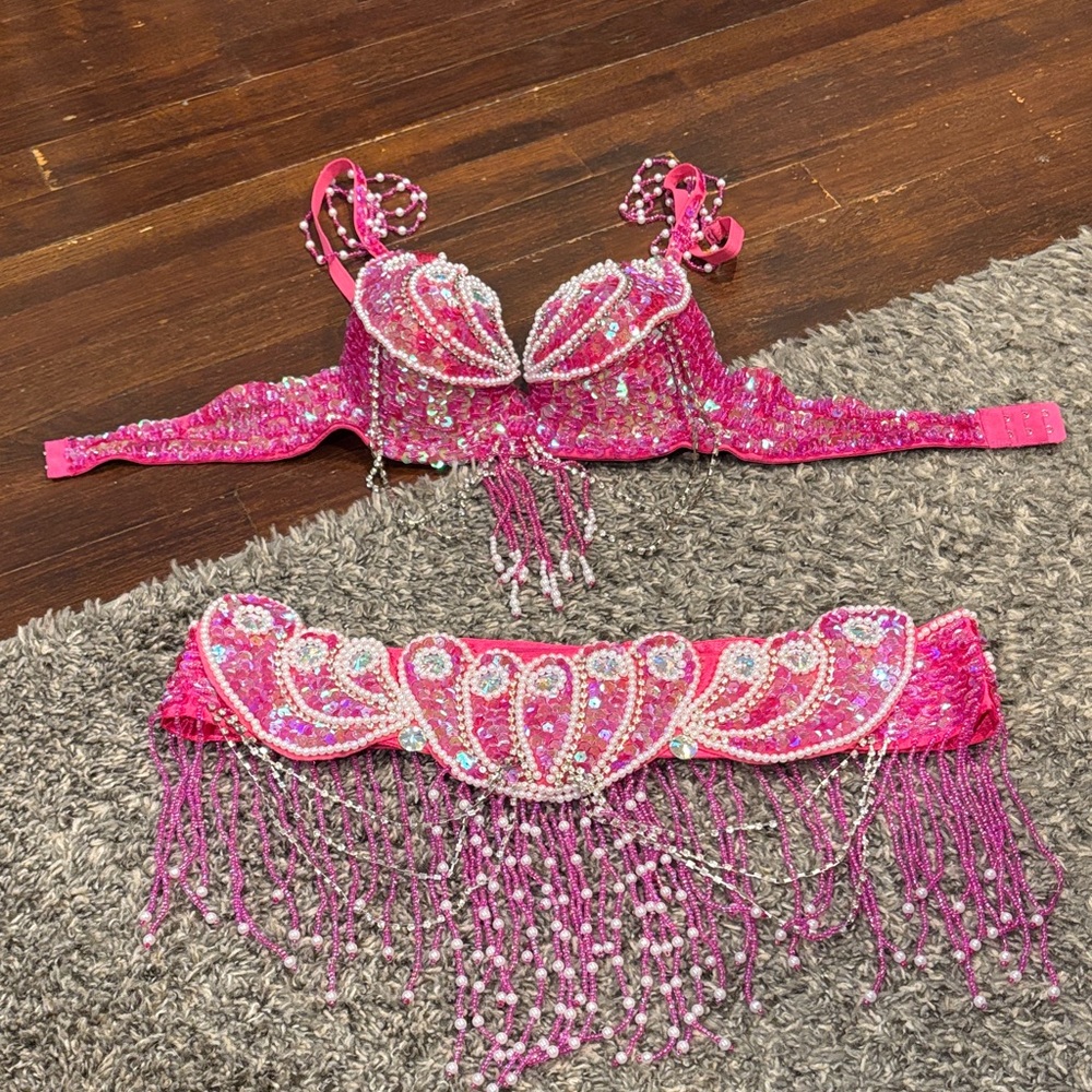 Pink Beaded Bra and Skirt Set showgirl outfit